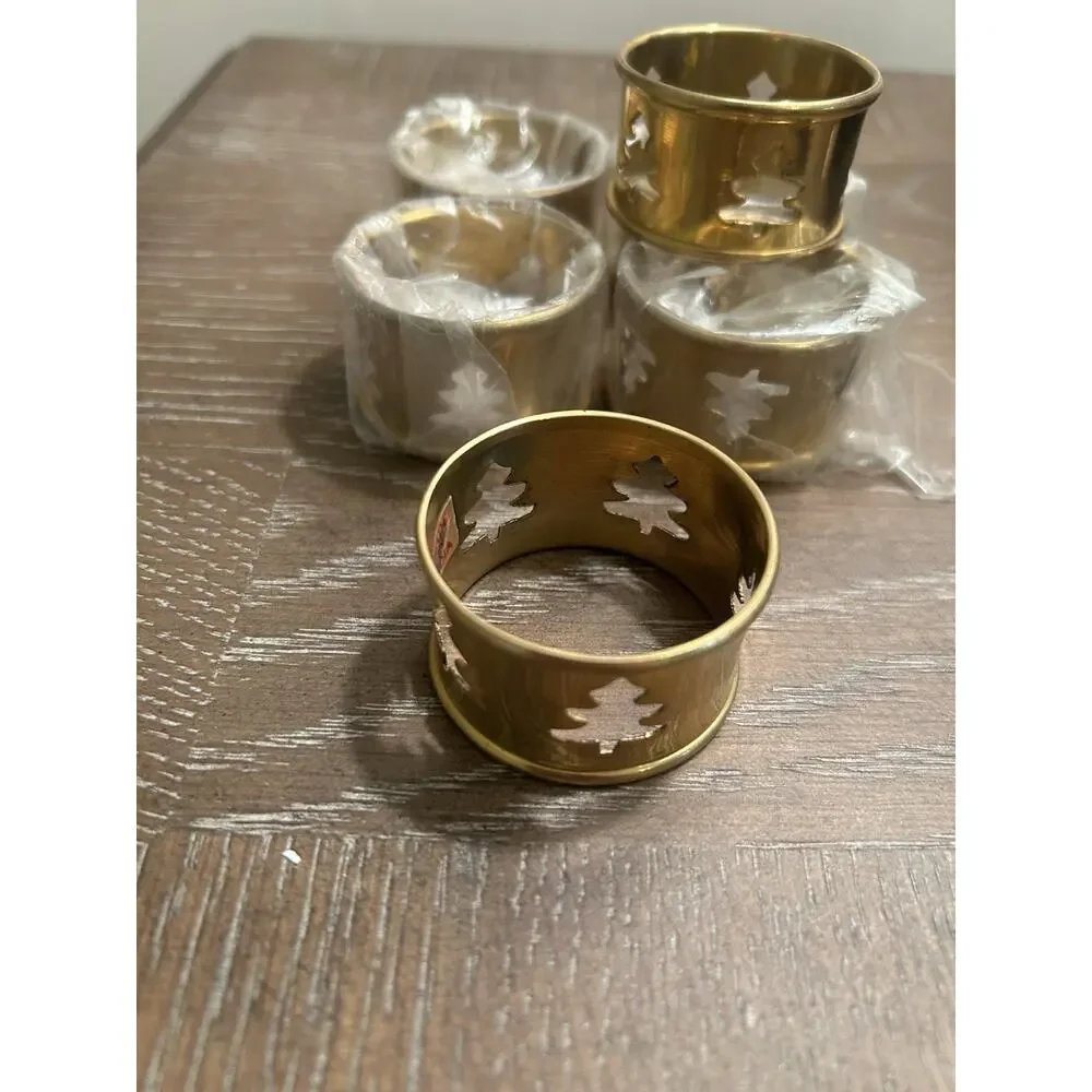 Vtg Brass Christmas Tree Napkin Rings set of 6 Dining‎ Table Linen Decor Holiday